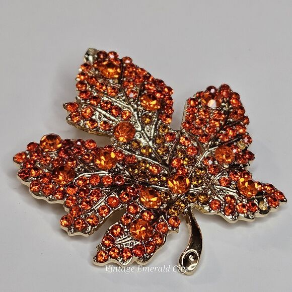 Maple Tree Leaf Brooch Orange Rhinestones Gold-Tone Autumn Pin Fall Warm Nature - Picture 7 of 12